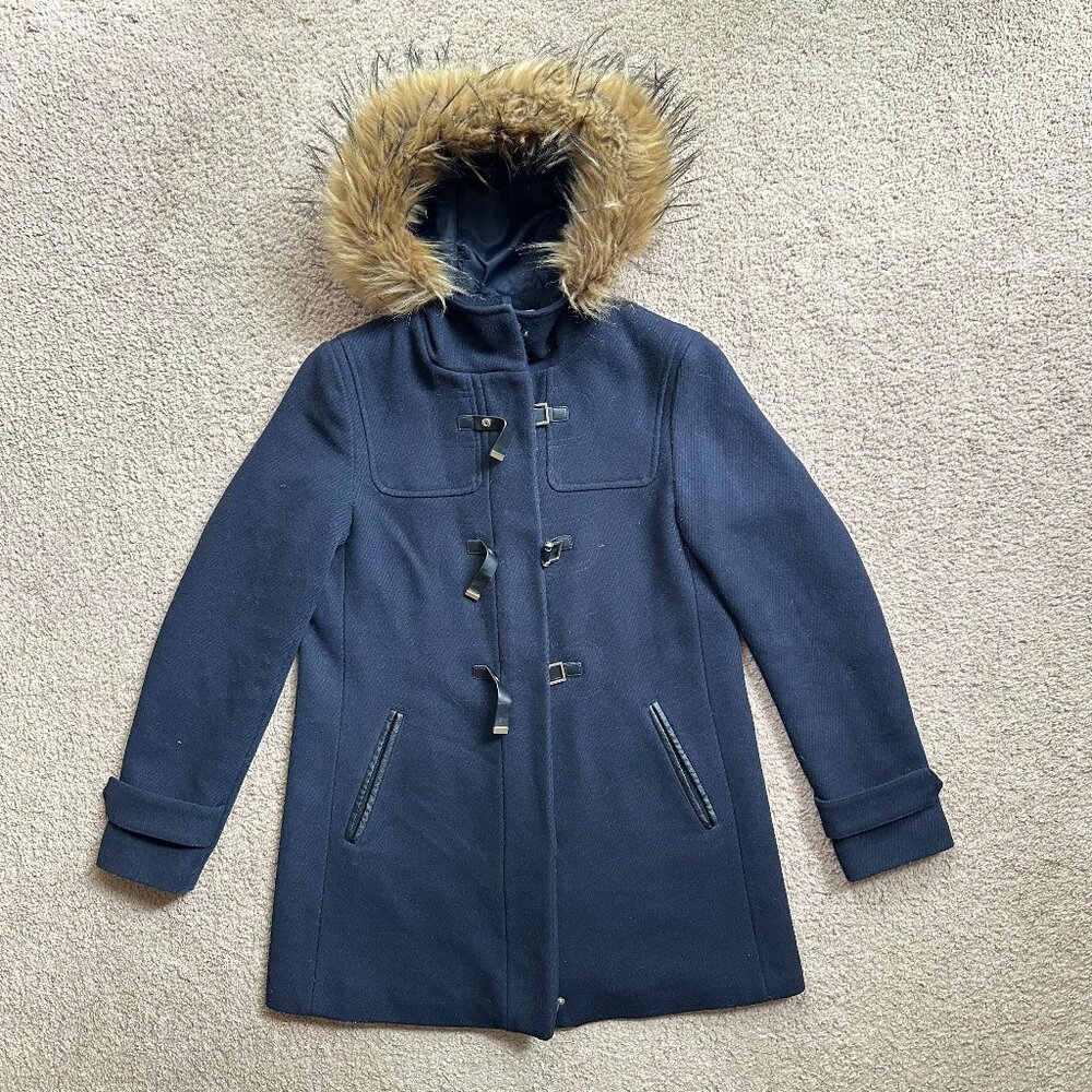 Cole Haan Coat Womens 6 Wool Blend Full Zip Faux Fur Hood Navy Blue Jacket